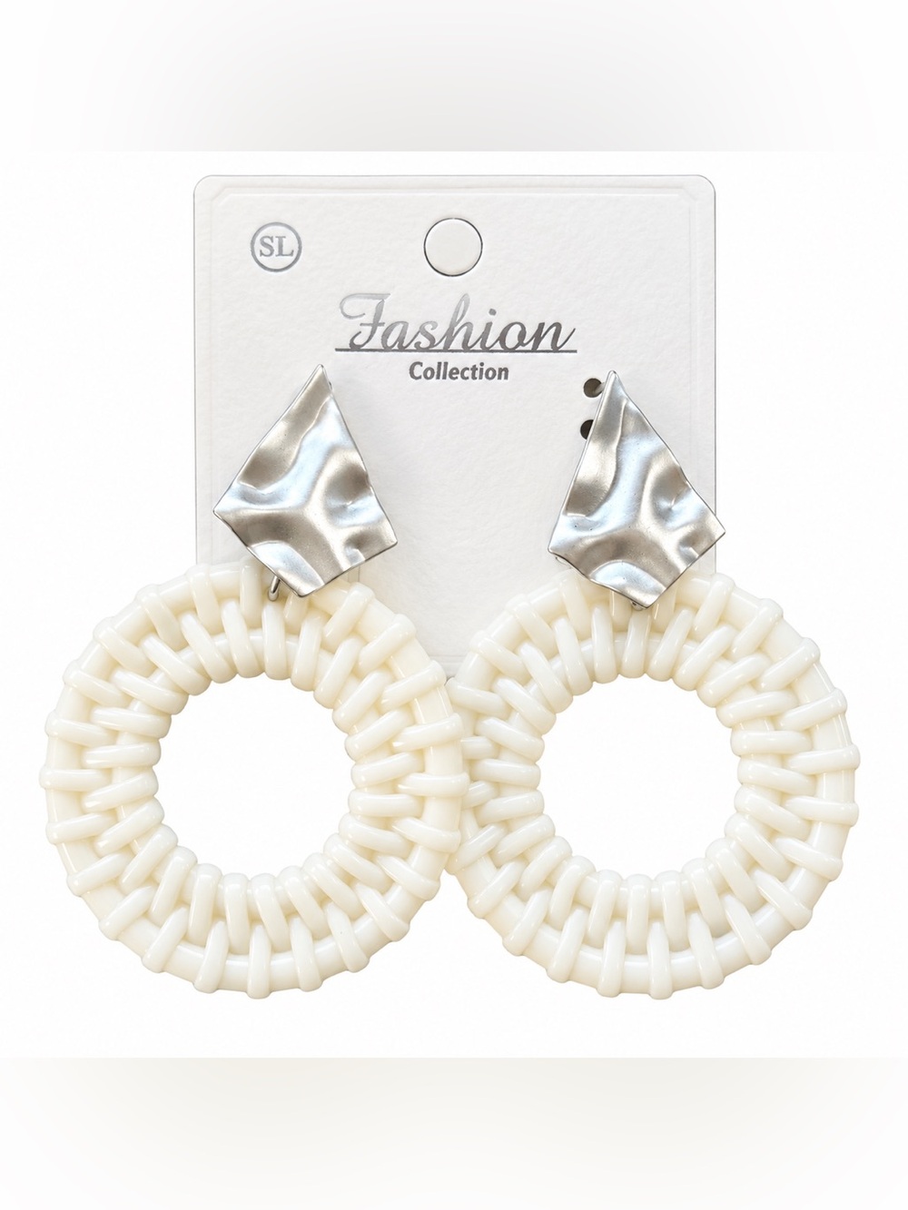 Fashion Collection White Woven Statement Drop Earrings Silver Tone